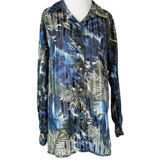 Vintage Sheer Tropical Top 20W Sparkling Gold Buttons Green Blue Button Down 2X - Picture 3 of 8